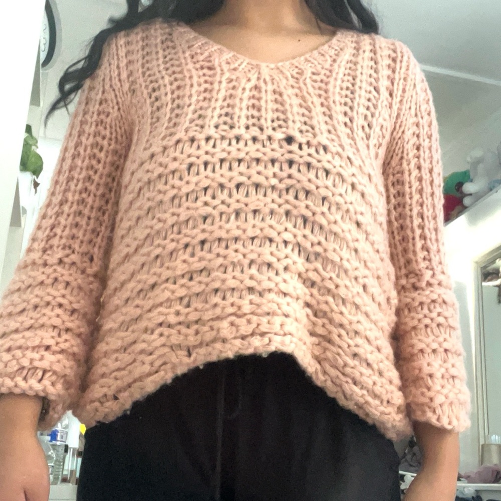 En Creme Pink V-Neck Sweater Chunky Knit